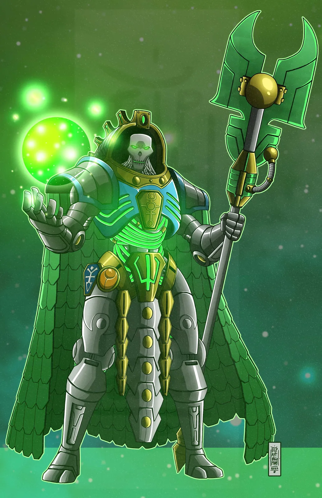 Trazyn the Infinite in green and gold necrodermis, holding his staff and a glowing orb (fan art)
