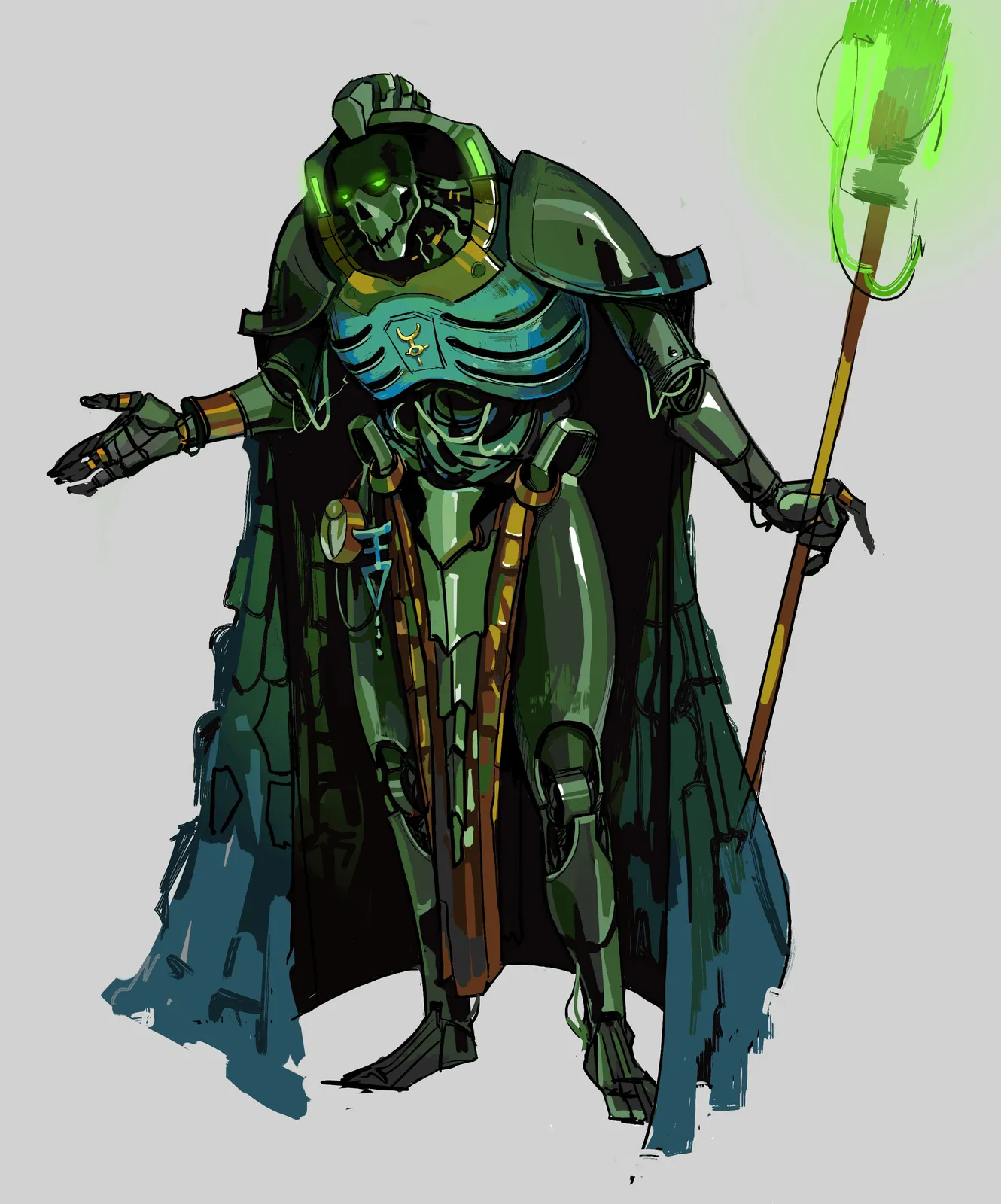 Trazyn the Infinite in a tattered cloak, gesturing with one hand and holding a glowing staff (fan art)