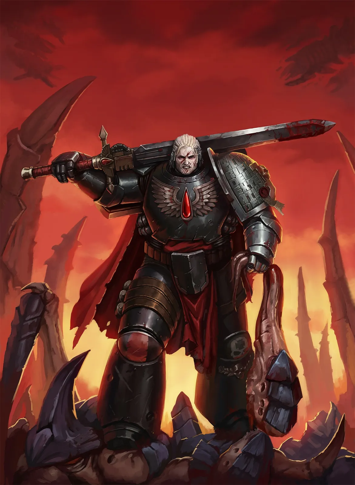 A Deathwatch Space Marine stands on a field of slain Tyranids under a blood-red sky