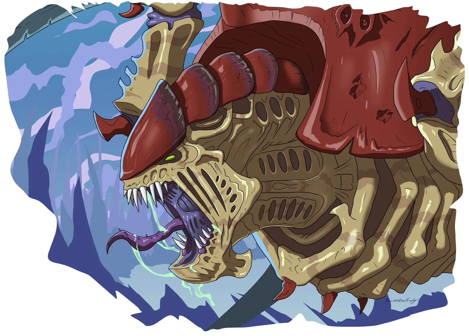 A roaring Carnifex Screamer-Killer, its jaws dripping, charges out of a blue storm