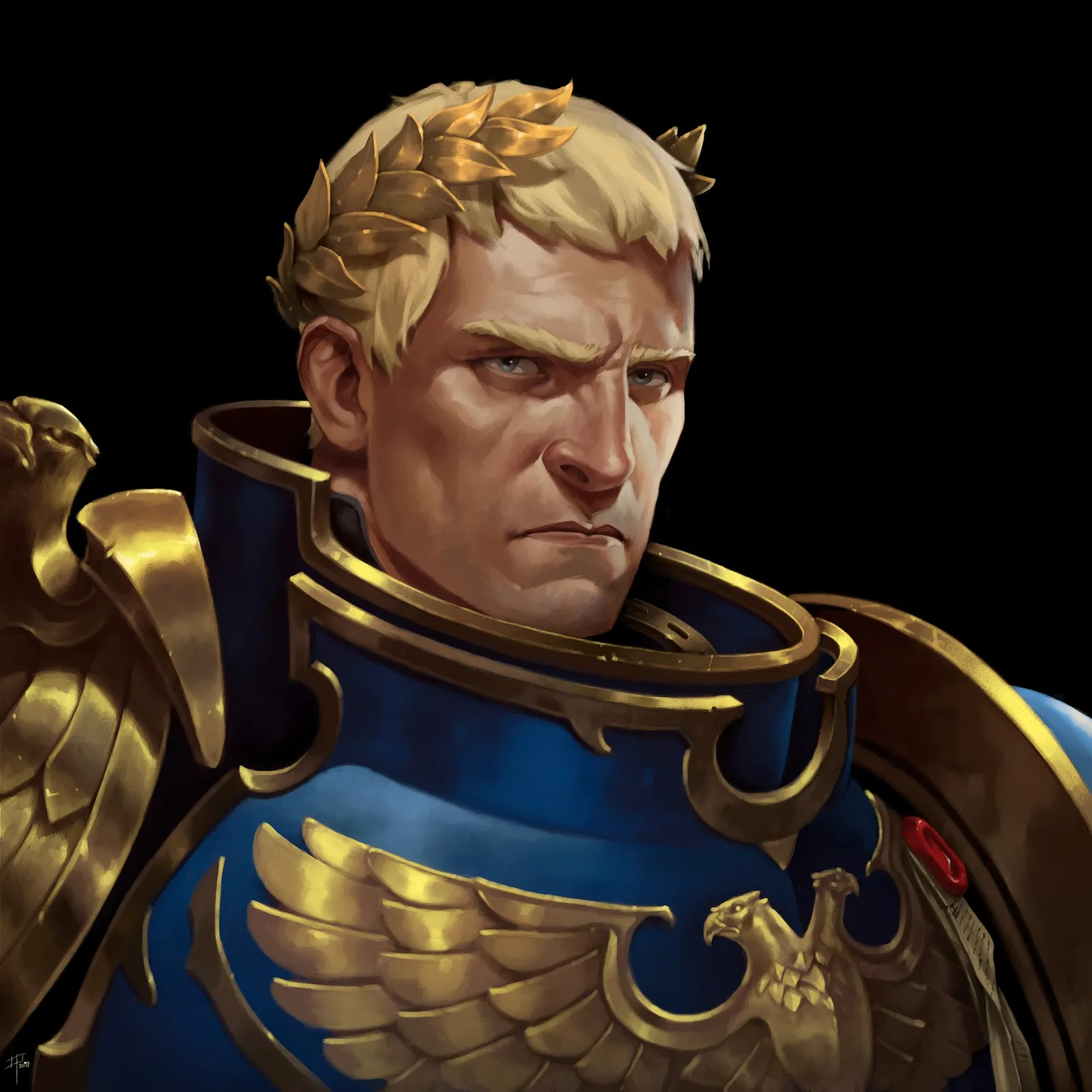 Portrait of Roboute Guilliman, Primarch of the Ultramarines, wearing a golden laurel