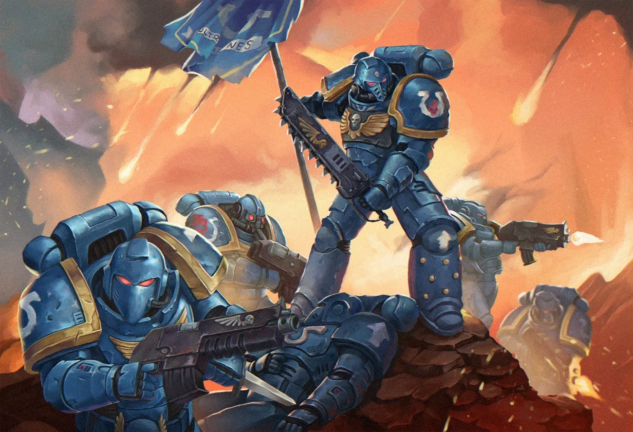 An Ultramarines squad holds a rocky ridge under a burning sky, banner raised