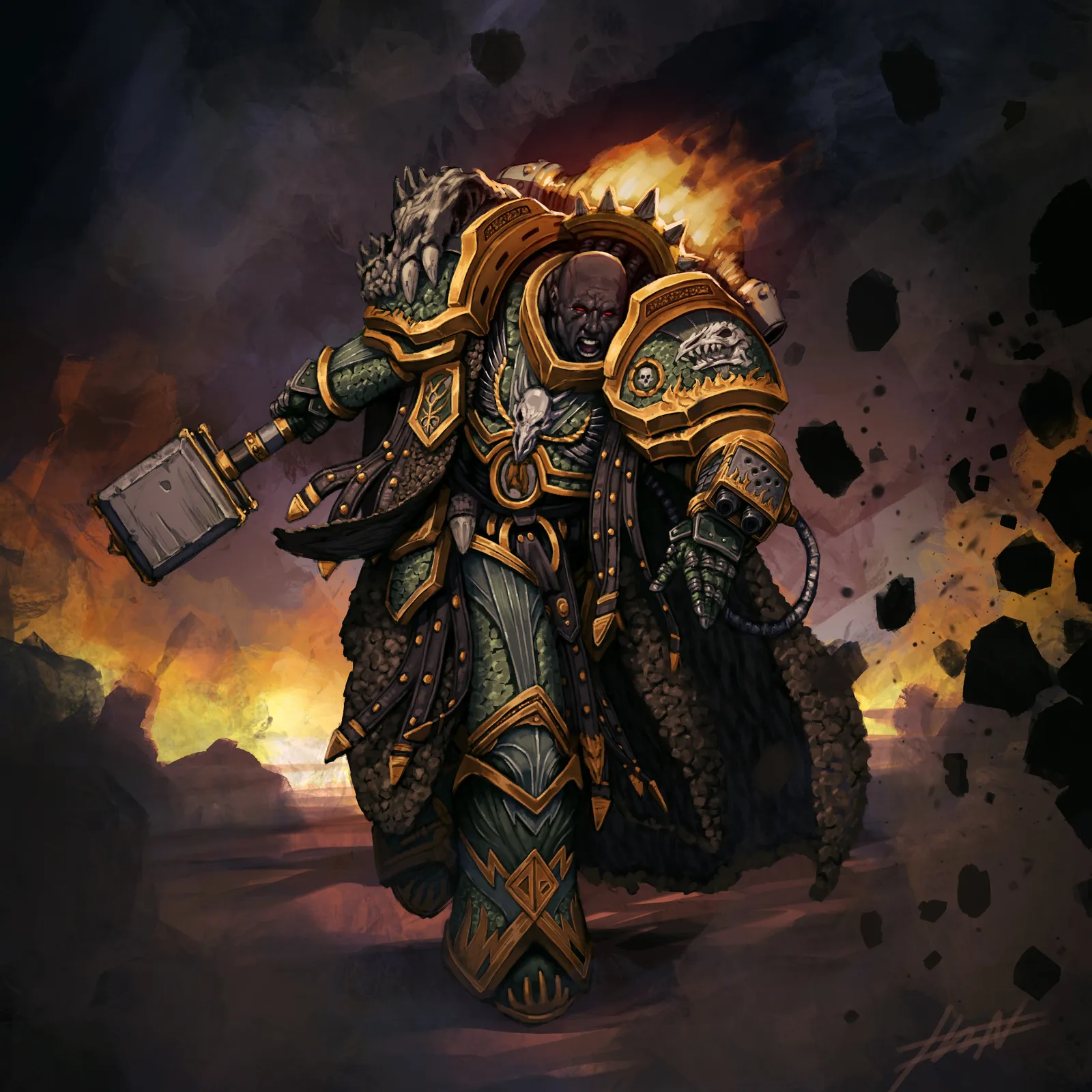 Vulkan strides out of a volcanic landscape with a hammer in hand, a drake-skull pauldron and scaled cloak trailing behind him