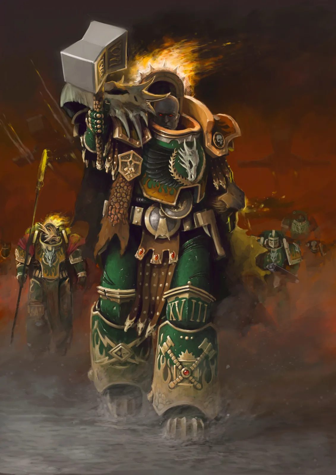 Vulkan in ornate green armor with a drake skull on his shoulder raises his hammer as Salamanders legionaries advance through the smoke behind him