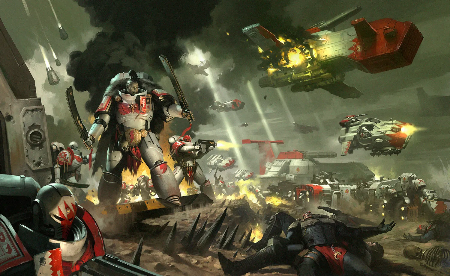 White Scars Space Marines charge across a burning battlefield as their gunships and tanks advance