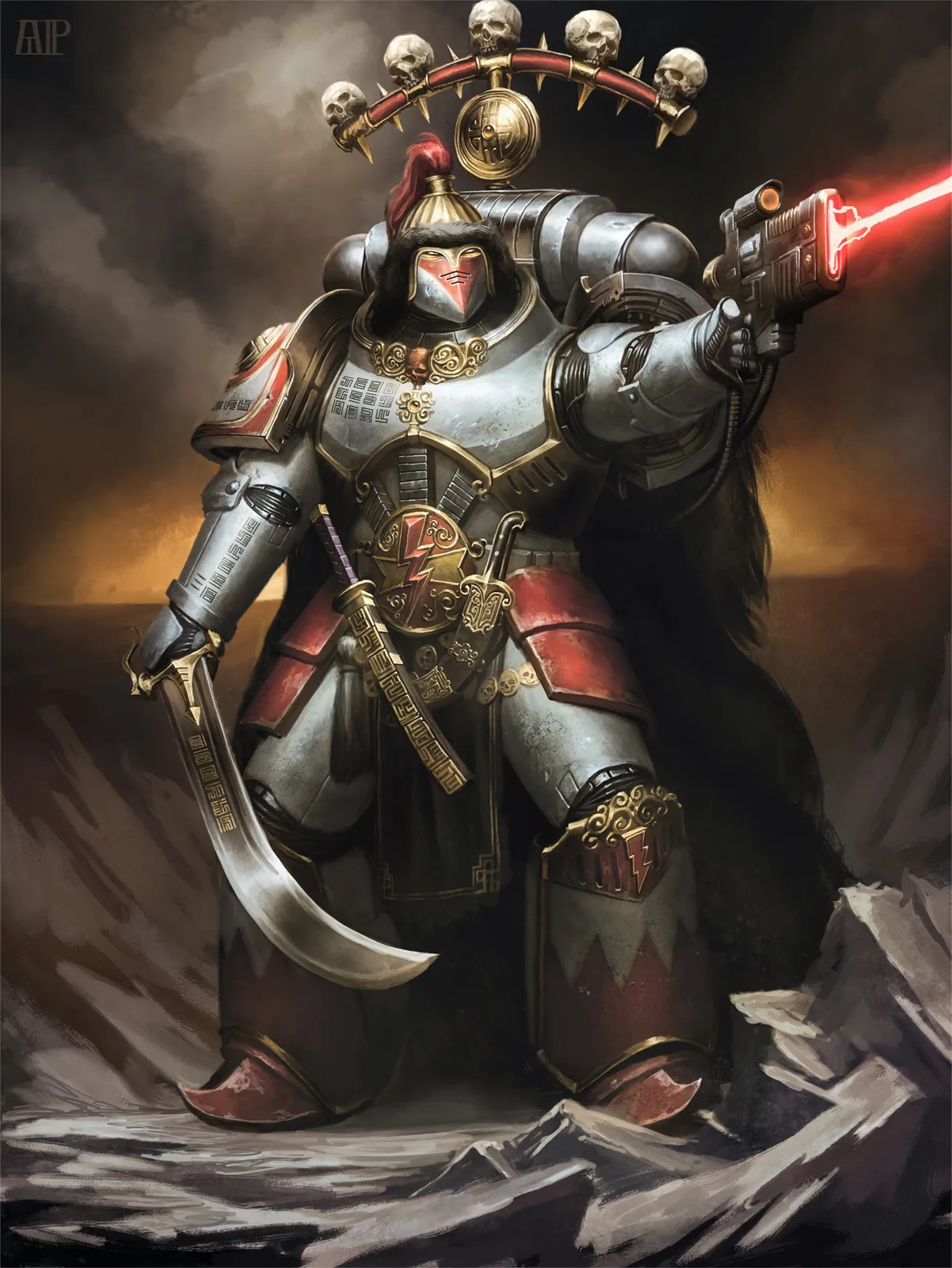 A White Scars Legion praetor in Mark VI armor, curved blade in hand and a trophy rack of skulls above him