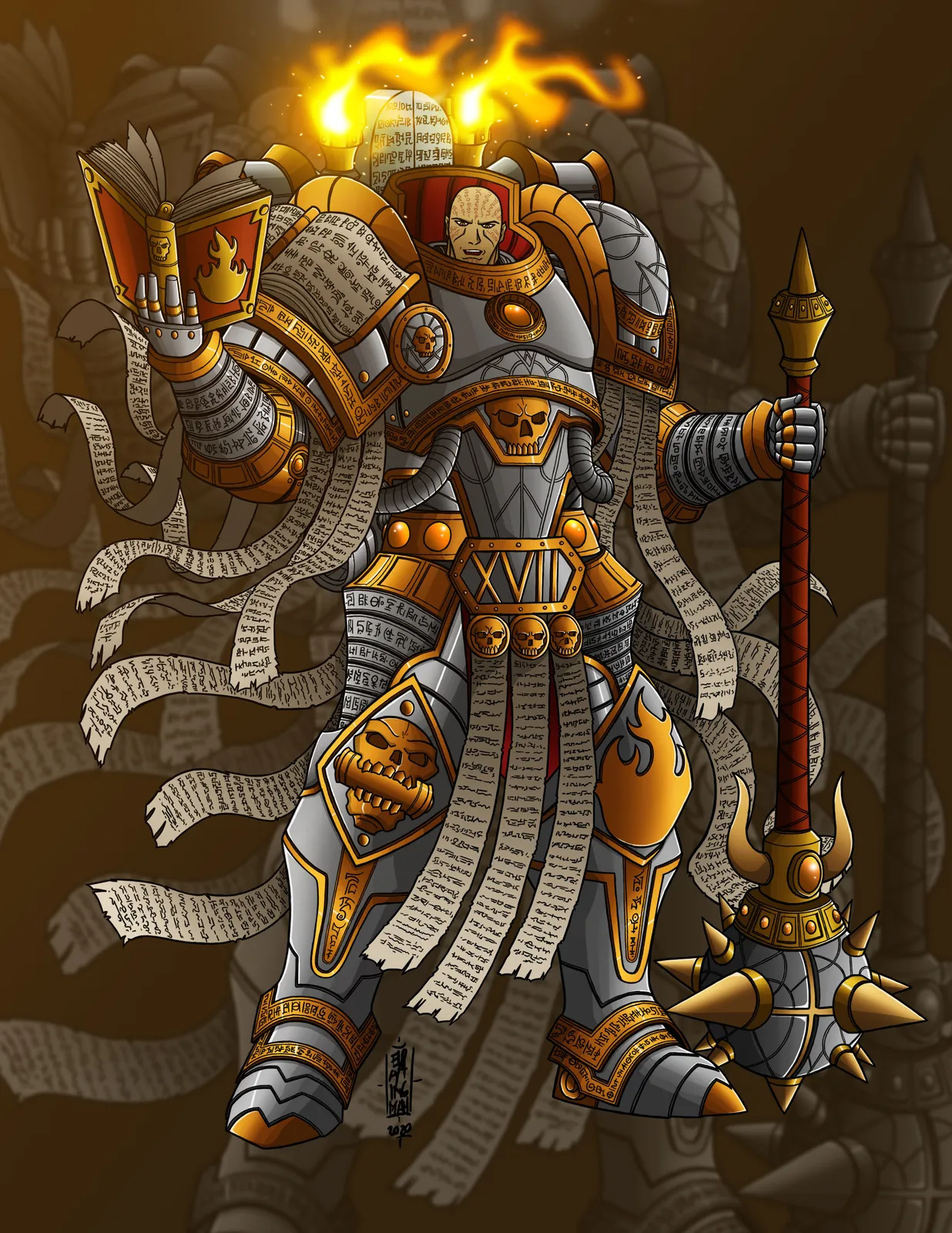 Lorgar Aurelian in the grey and gold of the Great Crusade era, wrapped in scrolls of scripture and holding a book and a crozius mace