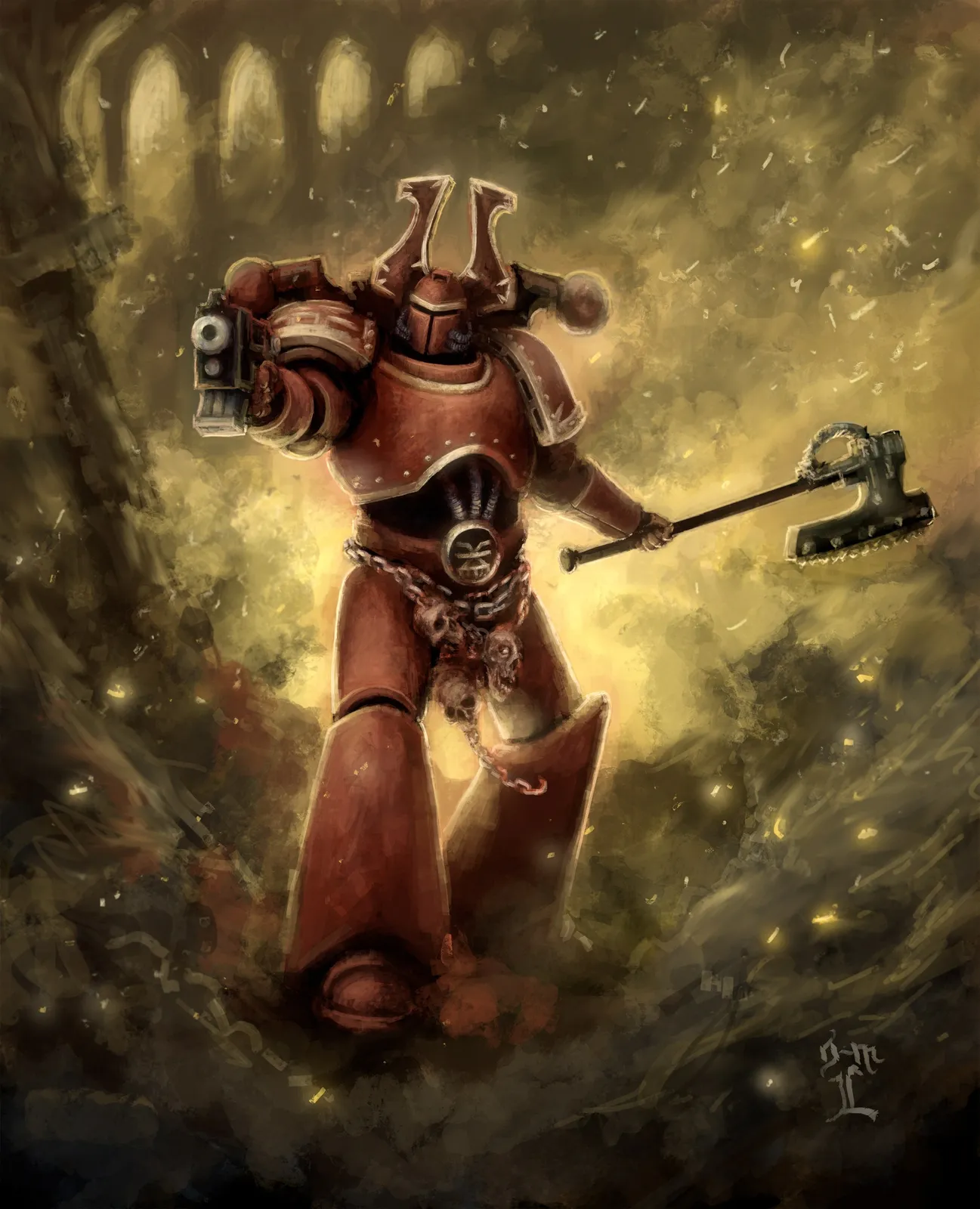 A World Eaters Khorne Berzerker in red armor walks through smoke and embers with a bolt pistol and a chainaxe