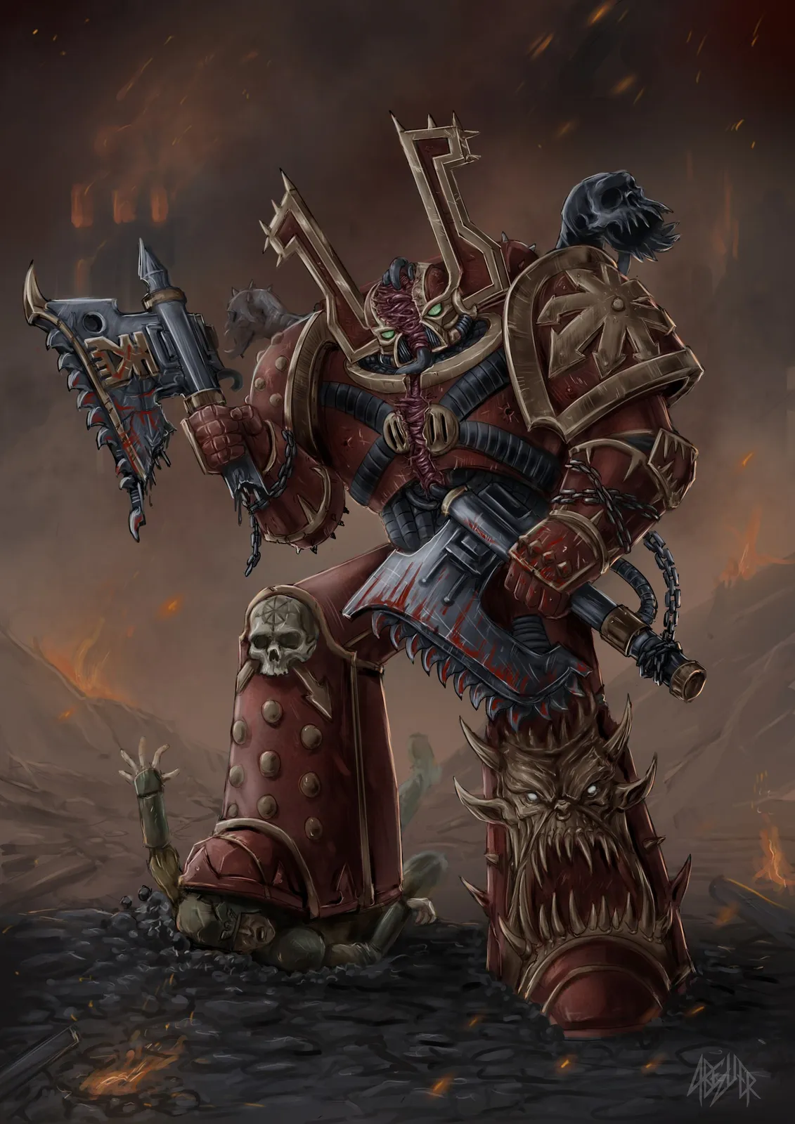 A Khorne Berzerker of the World Eaters in spiked red armor with a chainaxe and a skull trophy stands over a burning battlefield