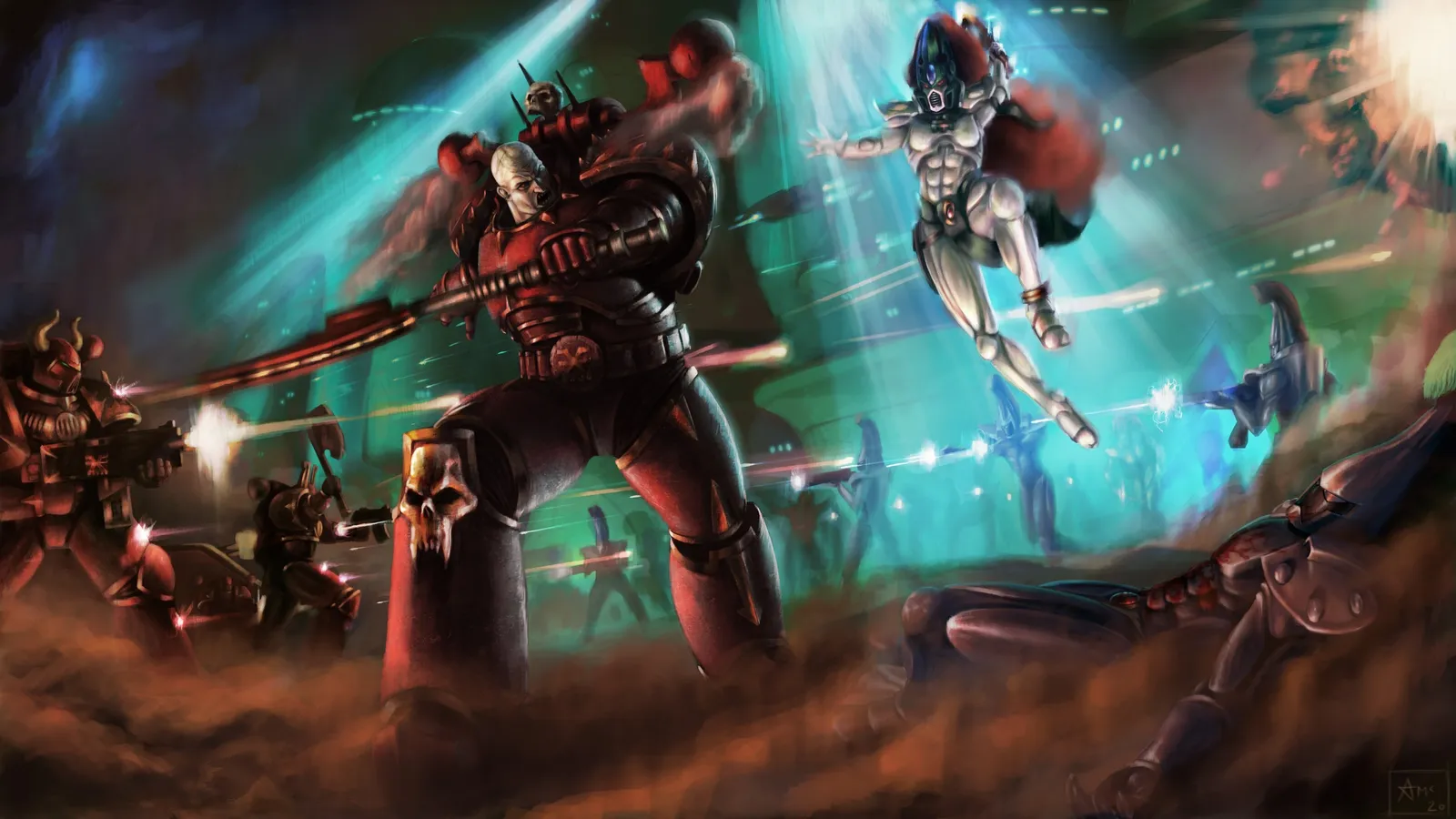 World Eaters storm an Aeldari craftworld, a towering Berzerker leading the charge through laser fire as an Aeldari warrior leaps overhead
