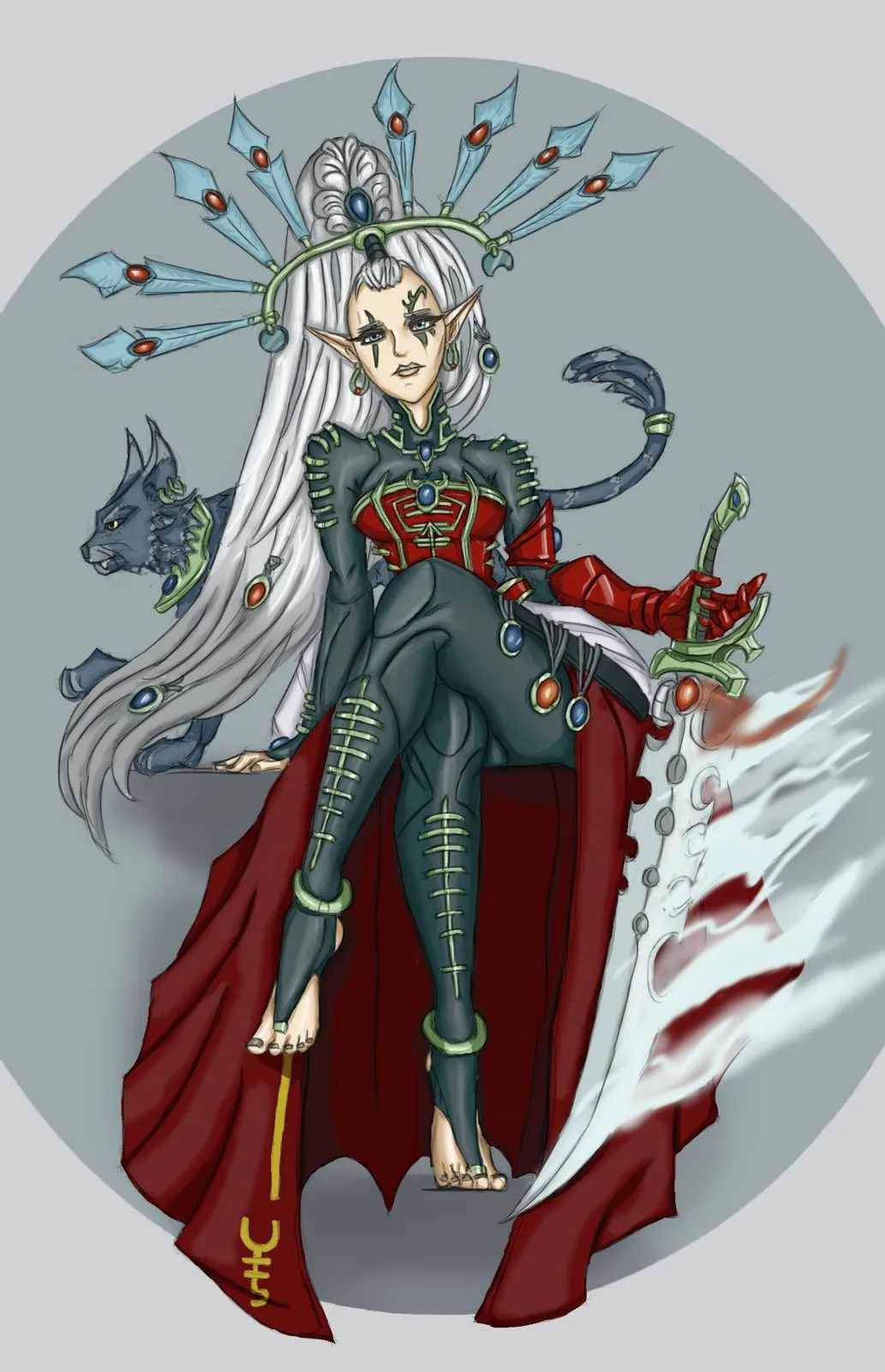 Yvraine, Emissary of Ynnead, seated in her crimson regalia with her gyrinx and blade
