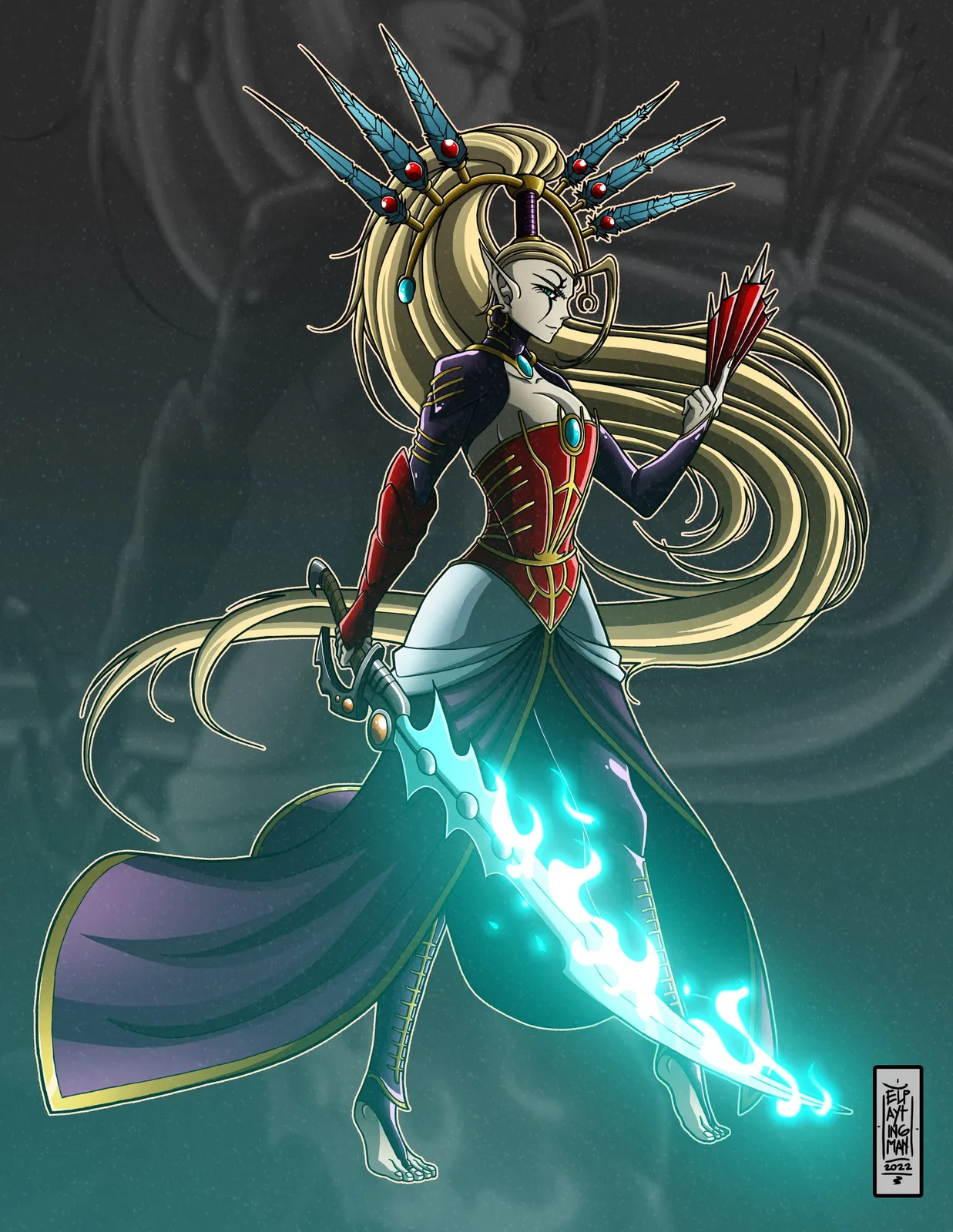 Yvraine as Priestess of Ynnead, wielding a glowing blade and a bladed fan